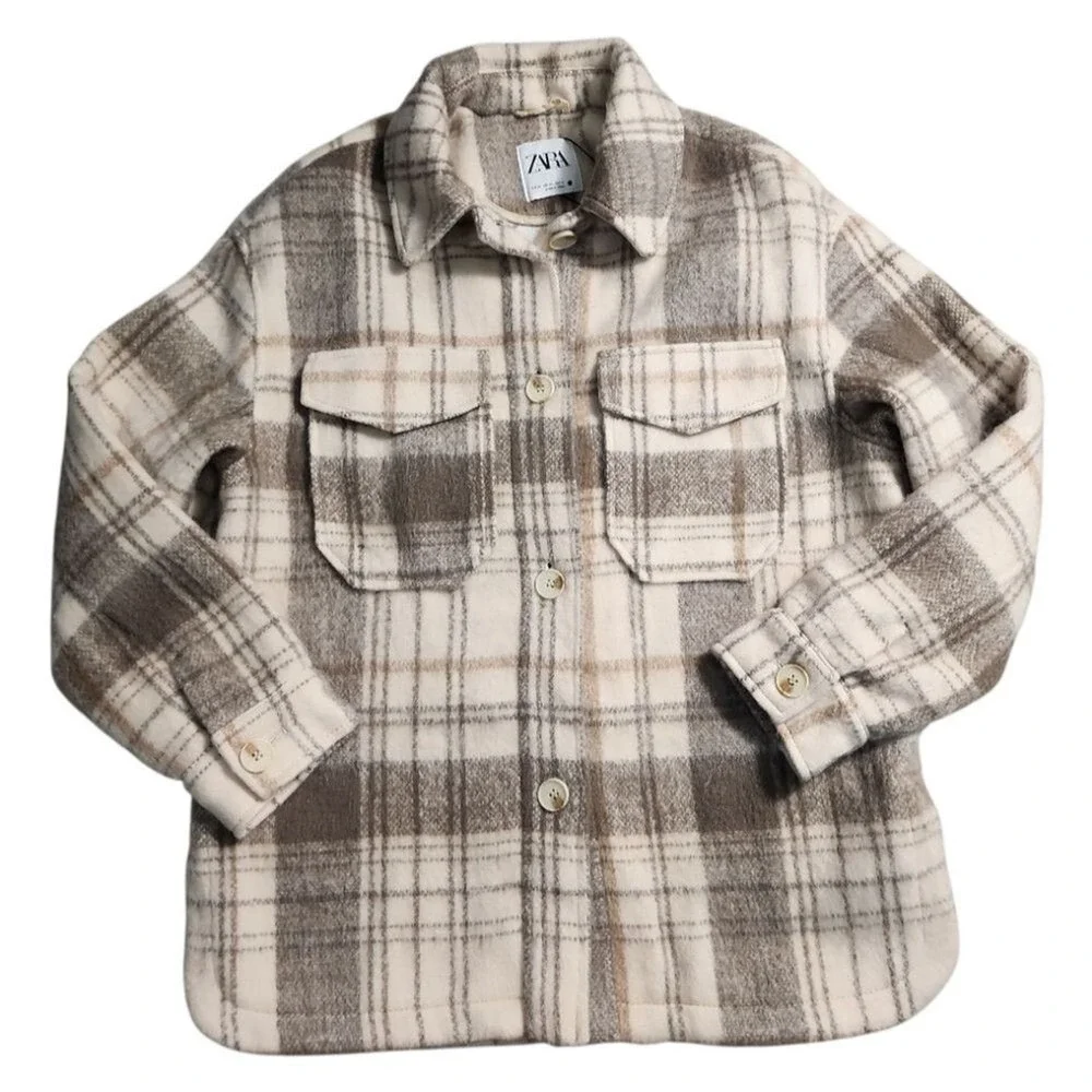 Zara Plaid Shacket Women XS Tan Oversized Flannel 3811/040/450 - Picture 3 of 9